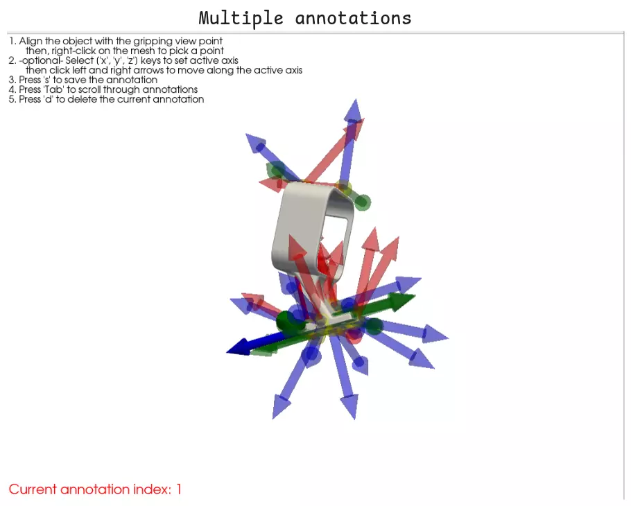 The grip annotation tool, with several grasps on one object.