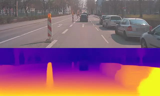 Same effect in town: the car ahead in our lane turns dark, while the parked cars on the right get sensible depth.