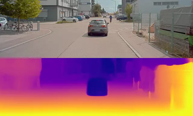 The car ahead moves at our speed, so its pixels don't move between frames. In the depth map (brighter is closer) it comes out as a dark hole, as if it were far away.