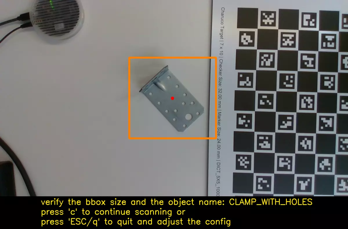 Scanning the angle bracket, and the Zivid view where its thin side has no depth.