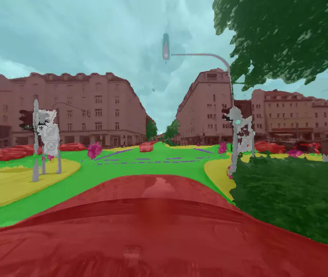 A test drive in September 2017: the camera frame and the segmentation prediction, hood included.