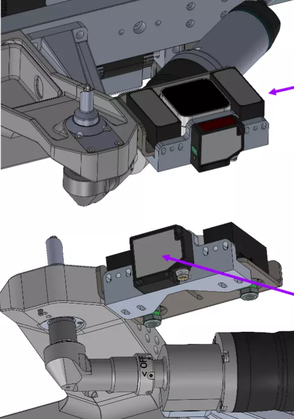 Reference design of the tool end: screwdriver with the wrist camera mounted beside it (arrows).
